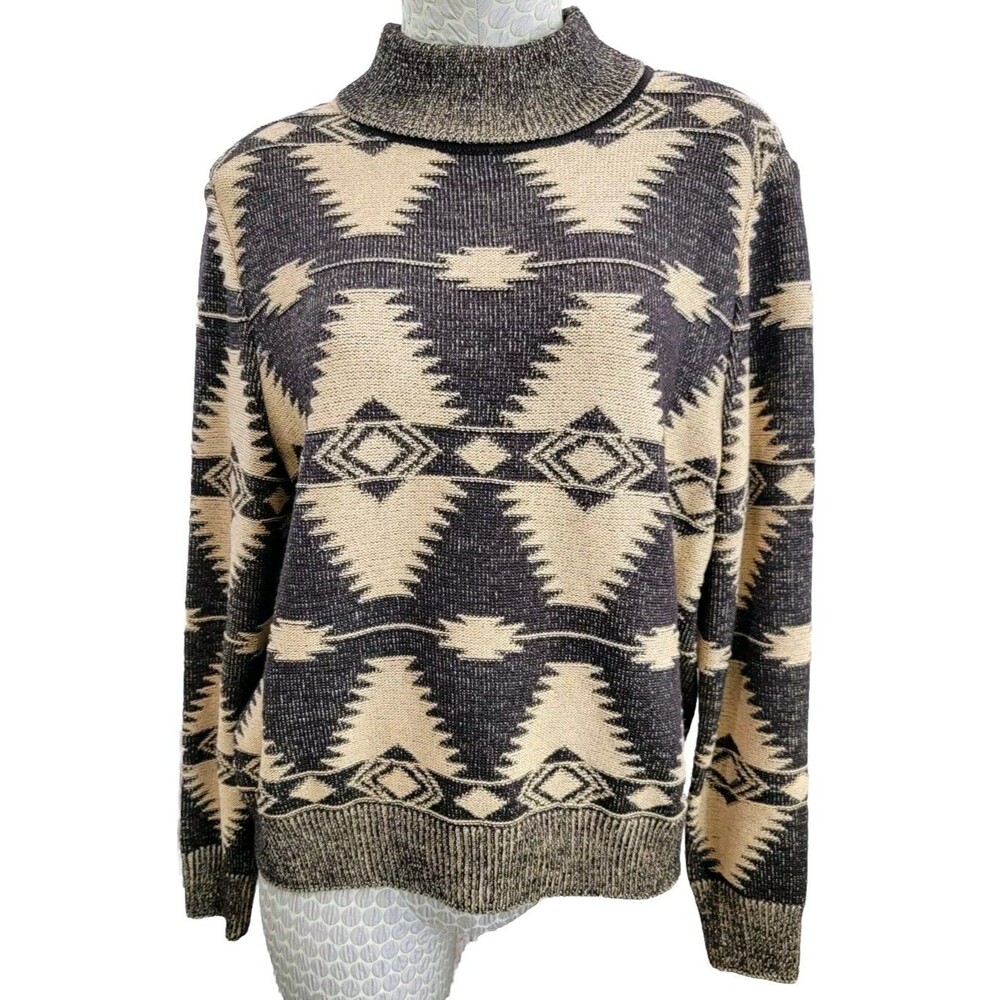 St.‎ John M Aztec Chocolate Brown Turtleneck Sweater Pullover Y2K Knit Designer